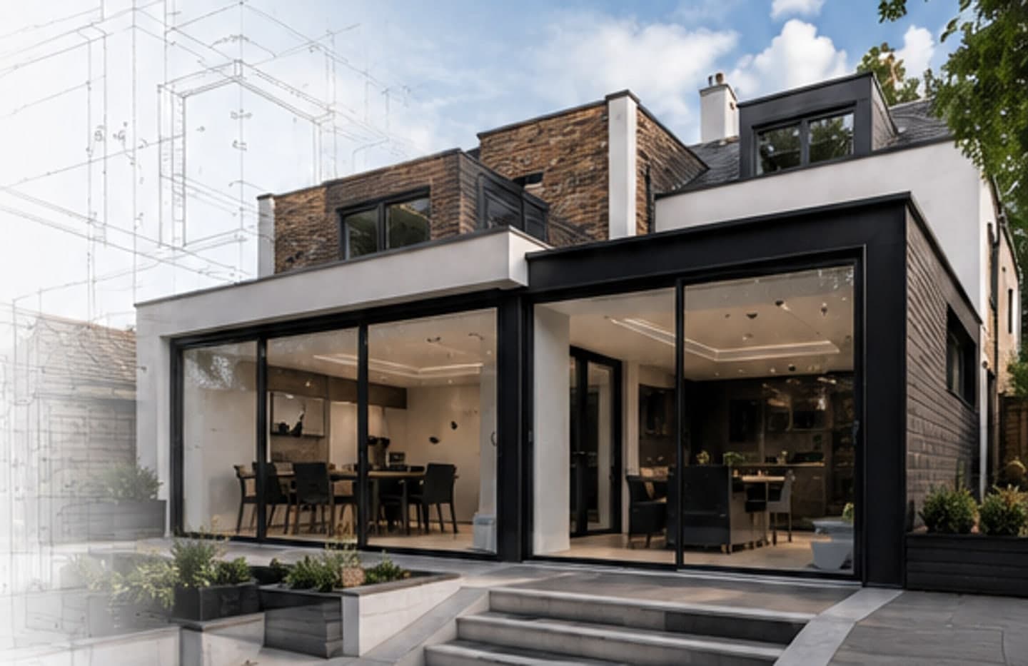 Architect-designed rear extension with brick upper storey and full-width glazing, shown emerging from a technical drawing
