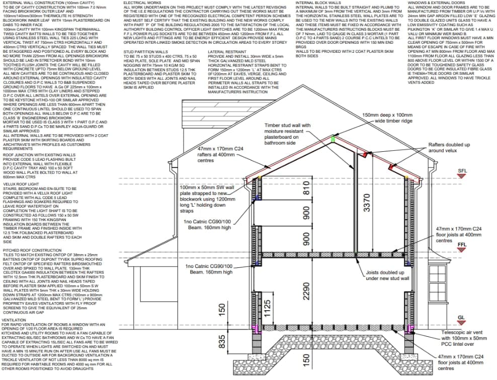 Building Regulations section drawing with construction specification notes