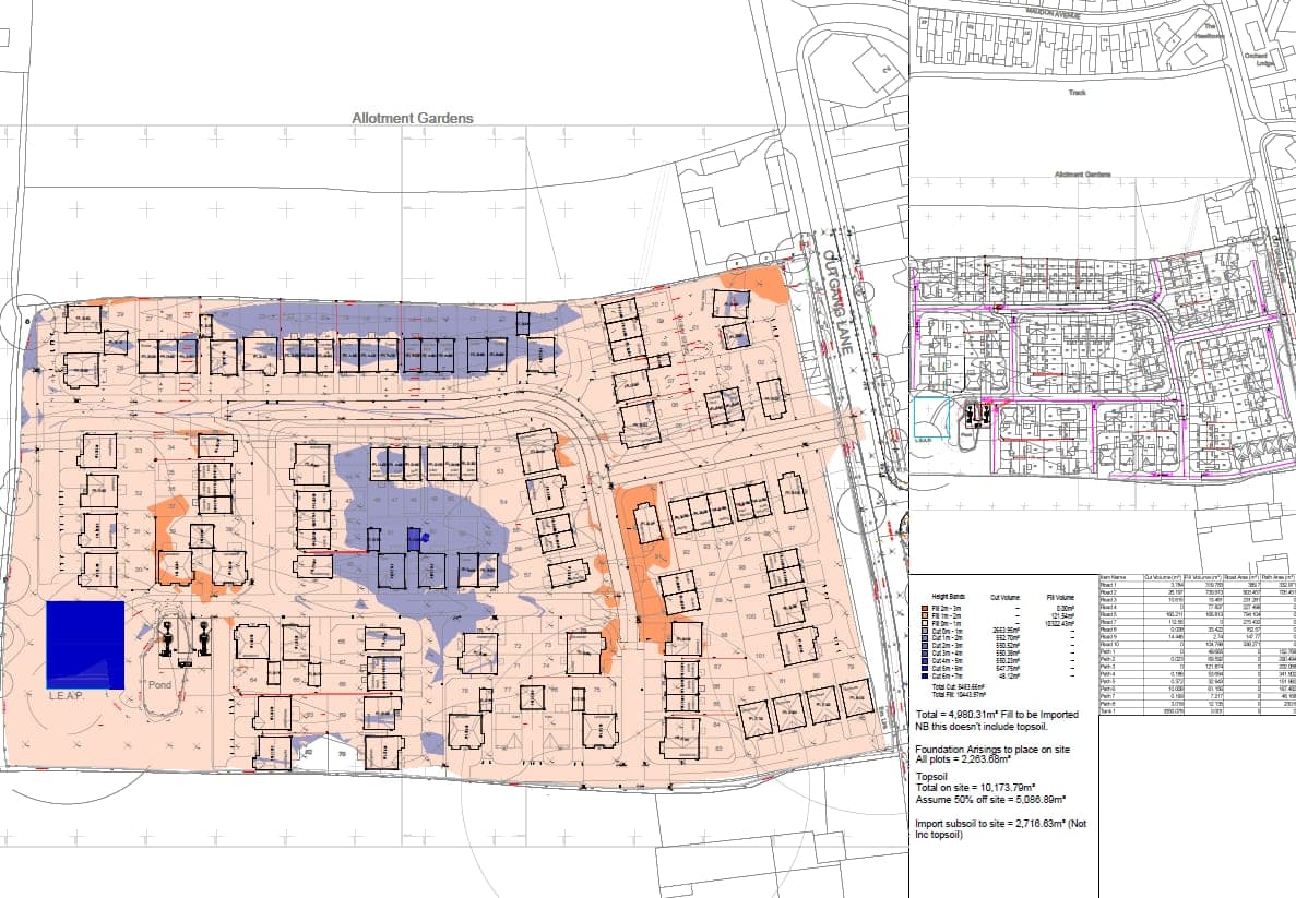 Cut and fill earthworks analysis drawing for a sloping development site