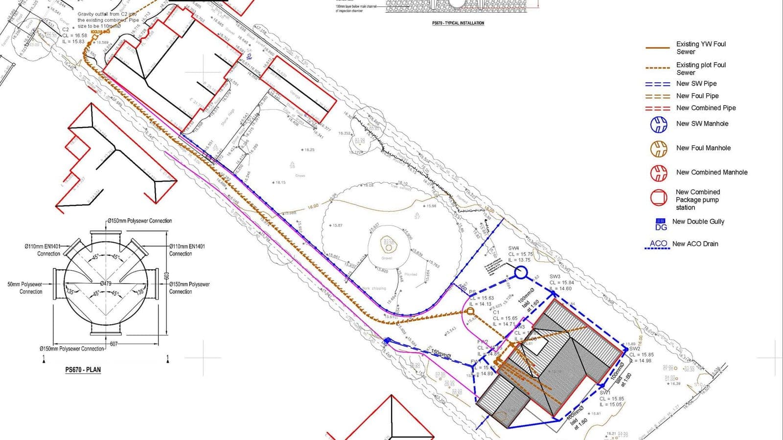 Detailed drainage design drawing with pipe runs, manhole schedule and pump station detail