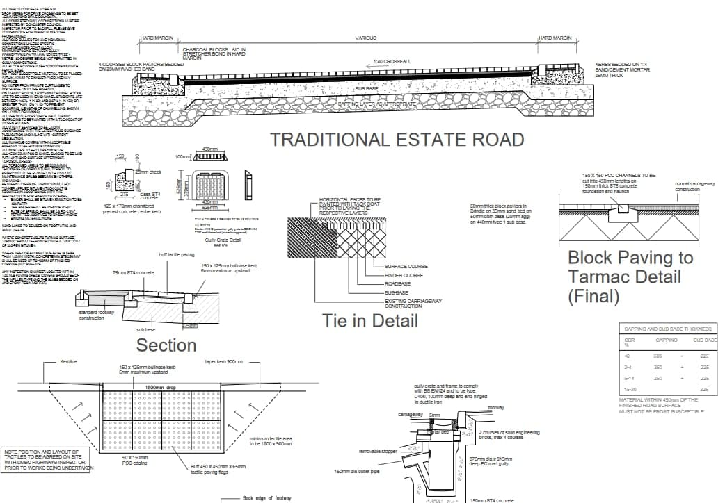 Paddick Engineering estate road construction details - sections, tie-ins and paving details
