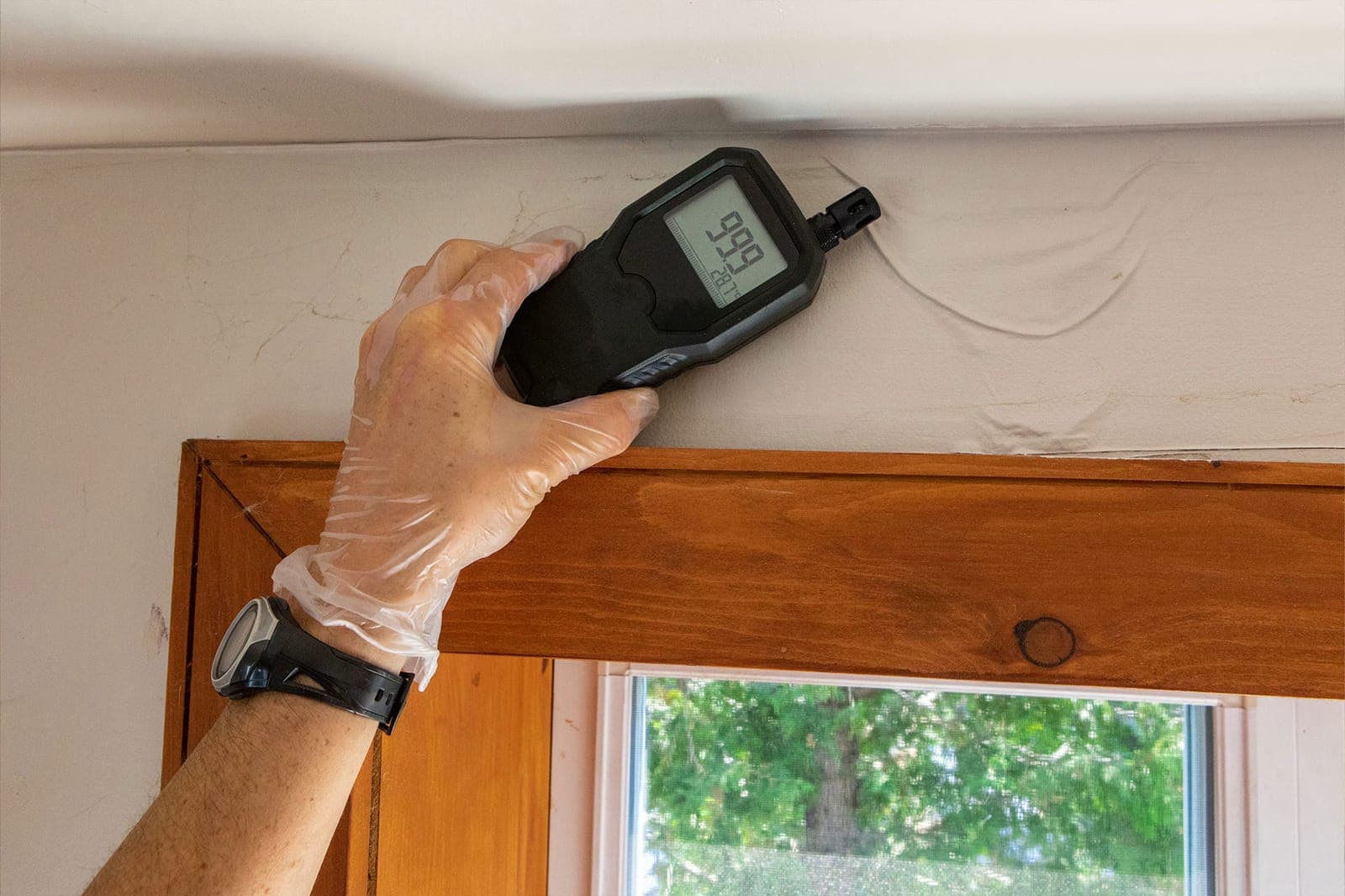Engineer taking moisture readings around a window opening during a property inspection